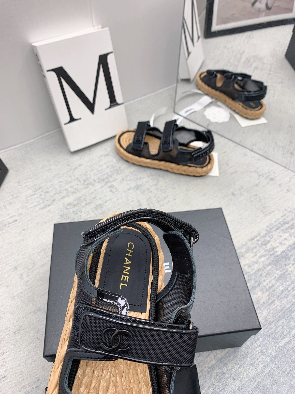 CC 26s Dad Sandals Black Fabric Patent Cord 160038