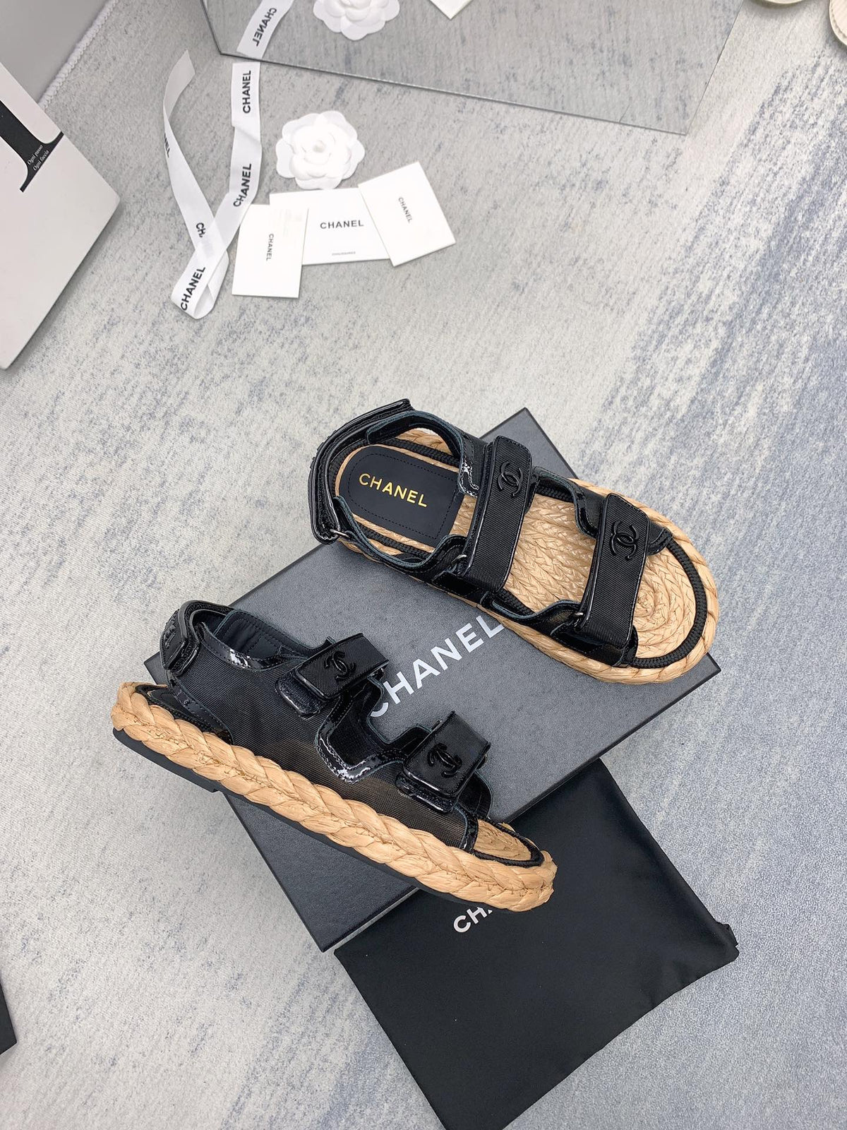 CC 26s Dad Sandals Black Fabric Patent Cord 160038