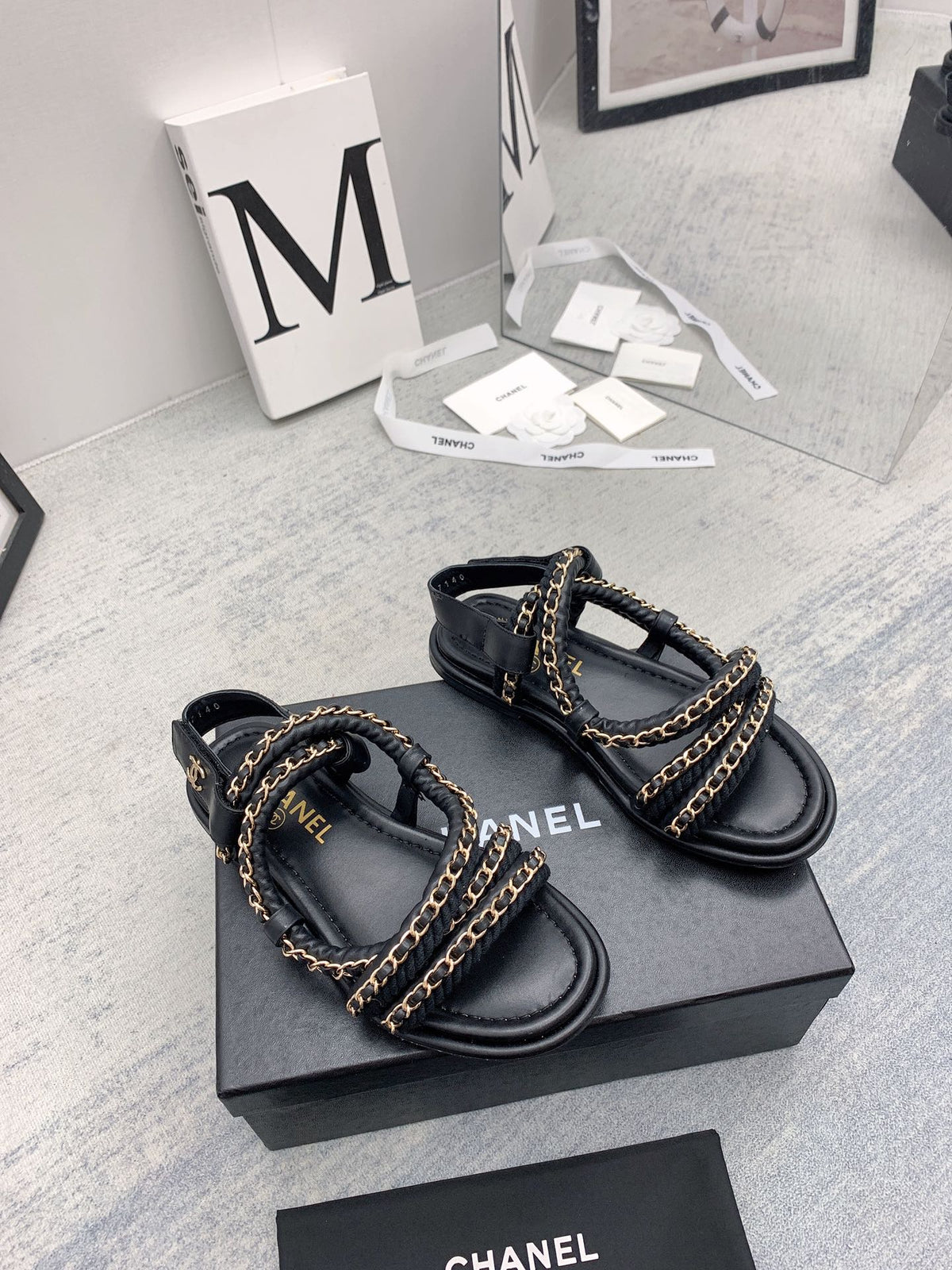 CC 26s Strappy Sandals Black Gold Interlocking Chain Lambskin 160055