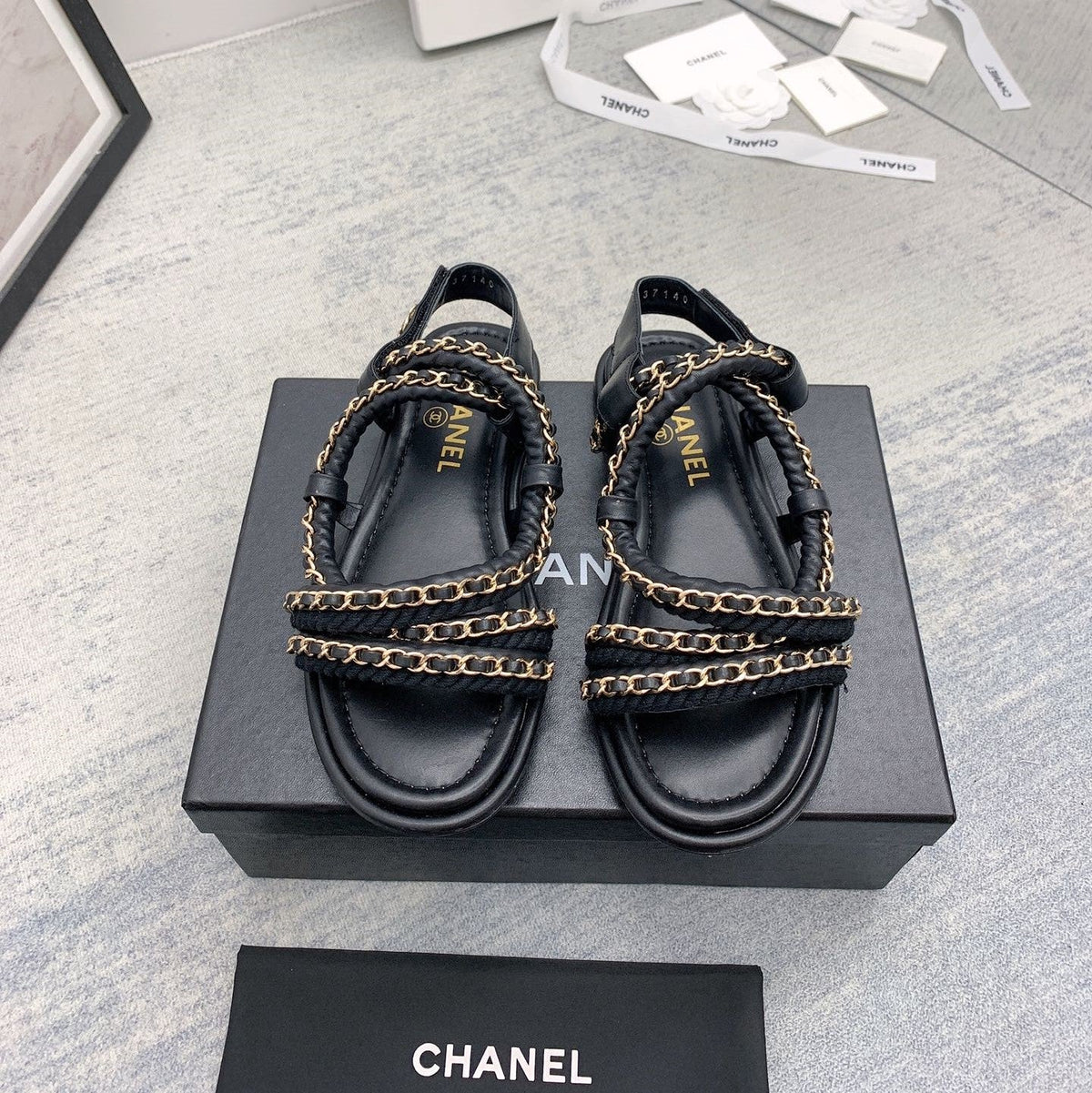 CC 26s Strappy Sandals Black Gold Interlocking Chain Lambskin 160055