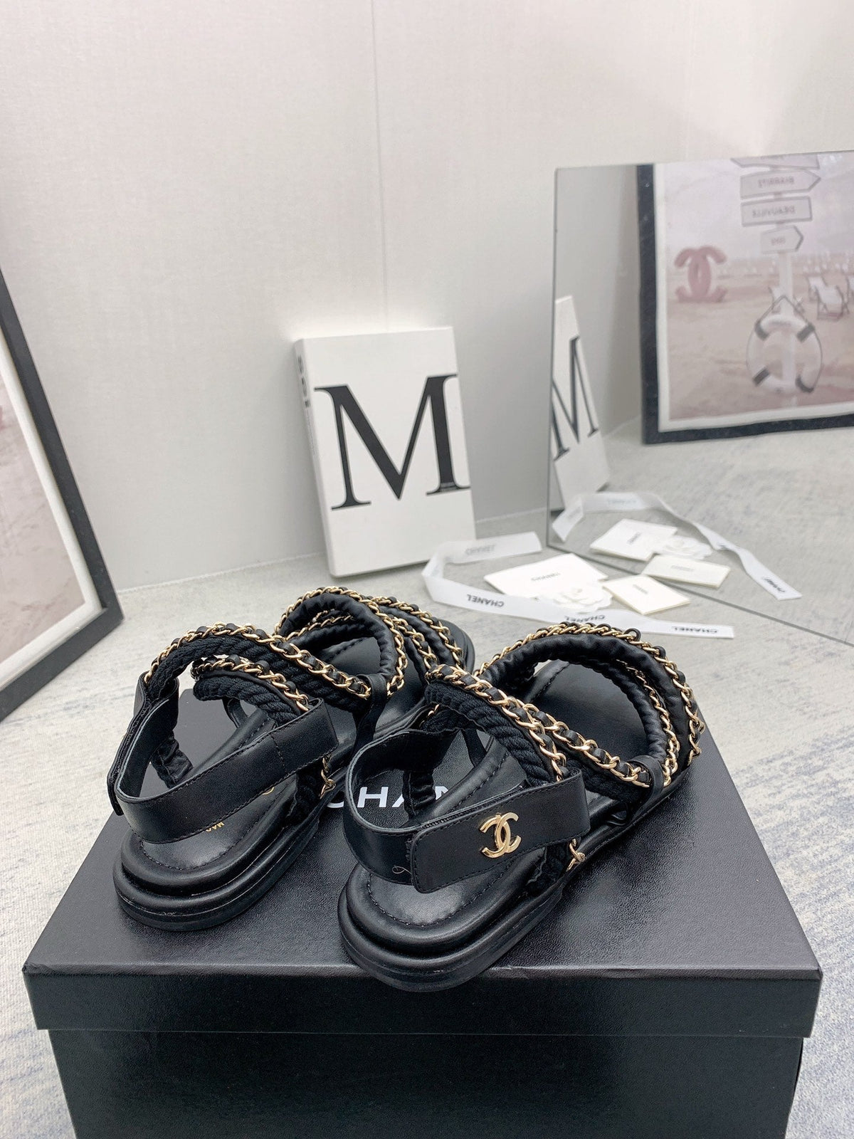 CC 26s Strappy Sandals Black Gold Interlocking Chain Lambskin 160055