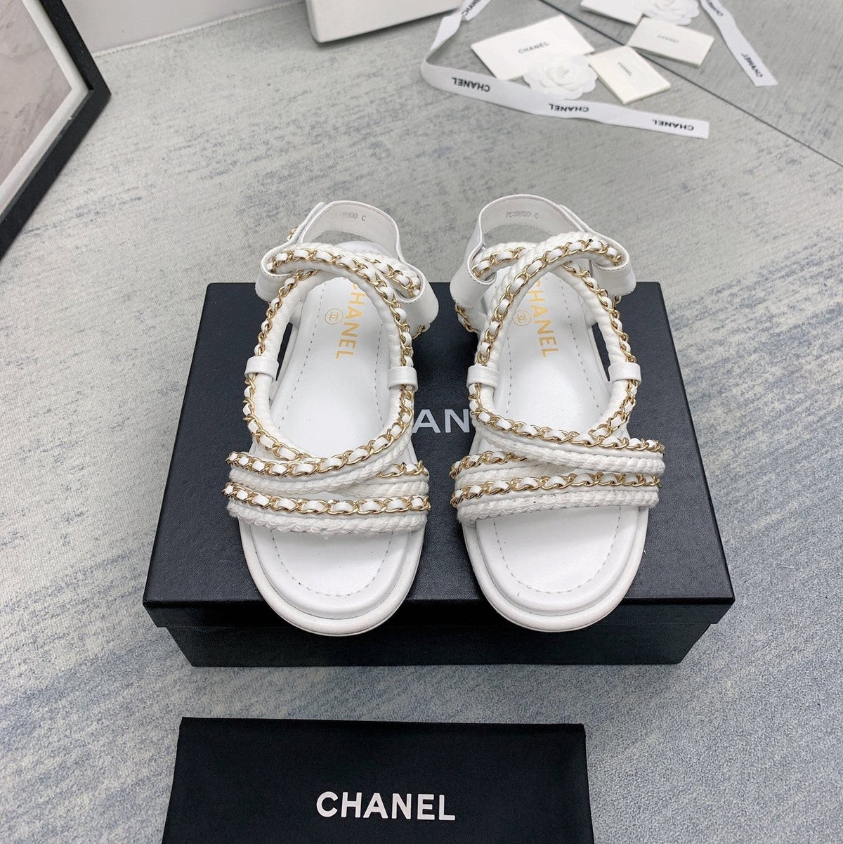 CC 26s Strappy Sandals White Gold Interlocking Chain Lambskin 160057