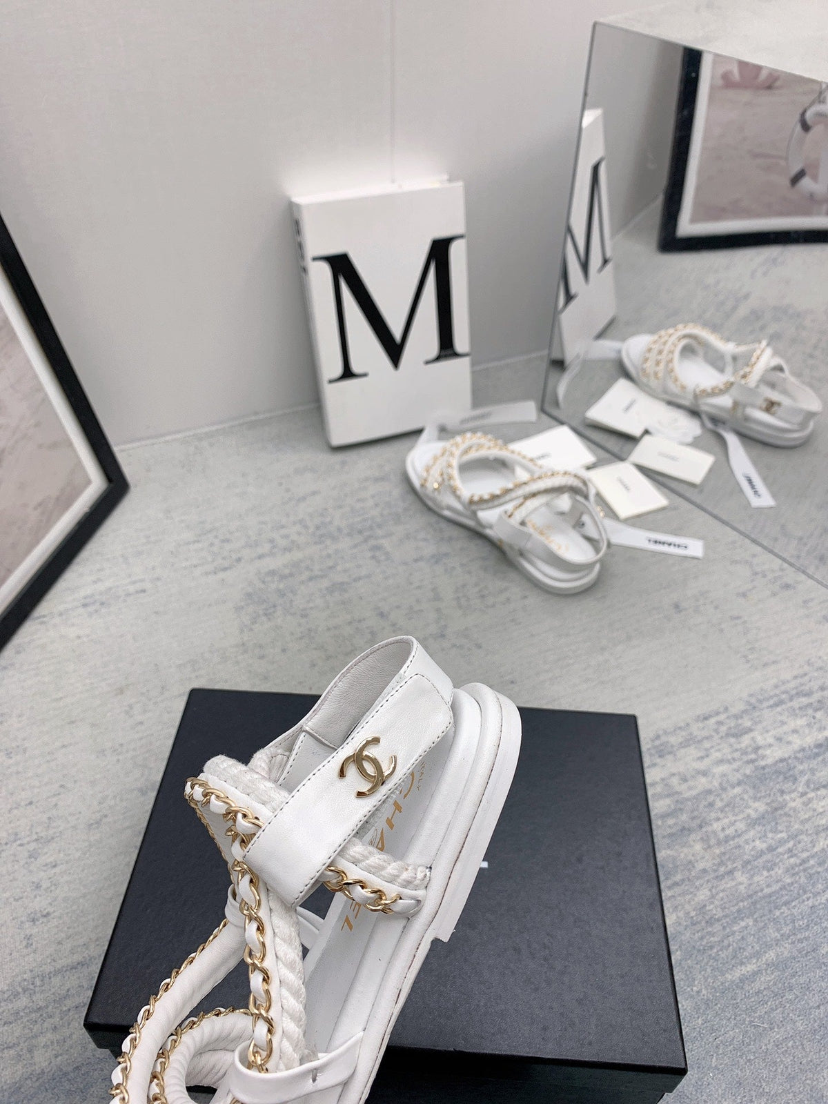 CC 26s Strappy Sandals White Gold Interlocking Chain Lambskin 160057
