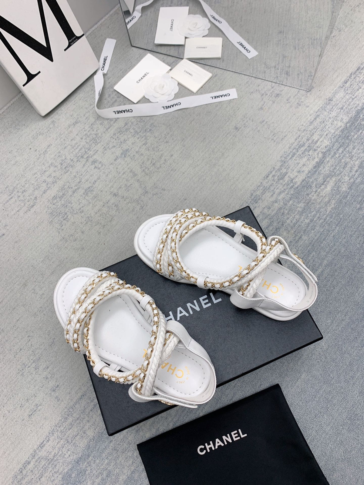 CC 26s Strappy Sandals White Gold Interlocking Chain Lambskin 160057