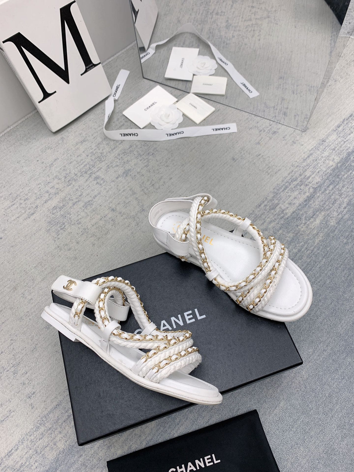 CC 26s Strappy Sandals White Gold Interlocking Chain Lambskin 160057