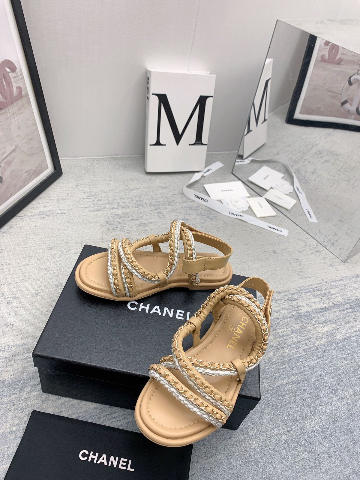 CC 26s Strappy Sandals Beige Gold Interlocking Chain Lambskin 160056
