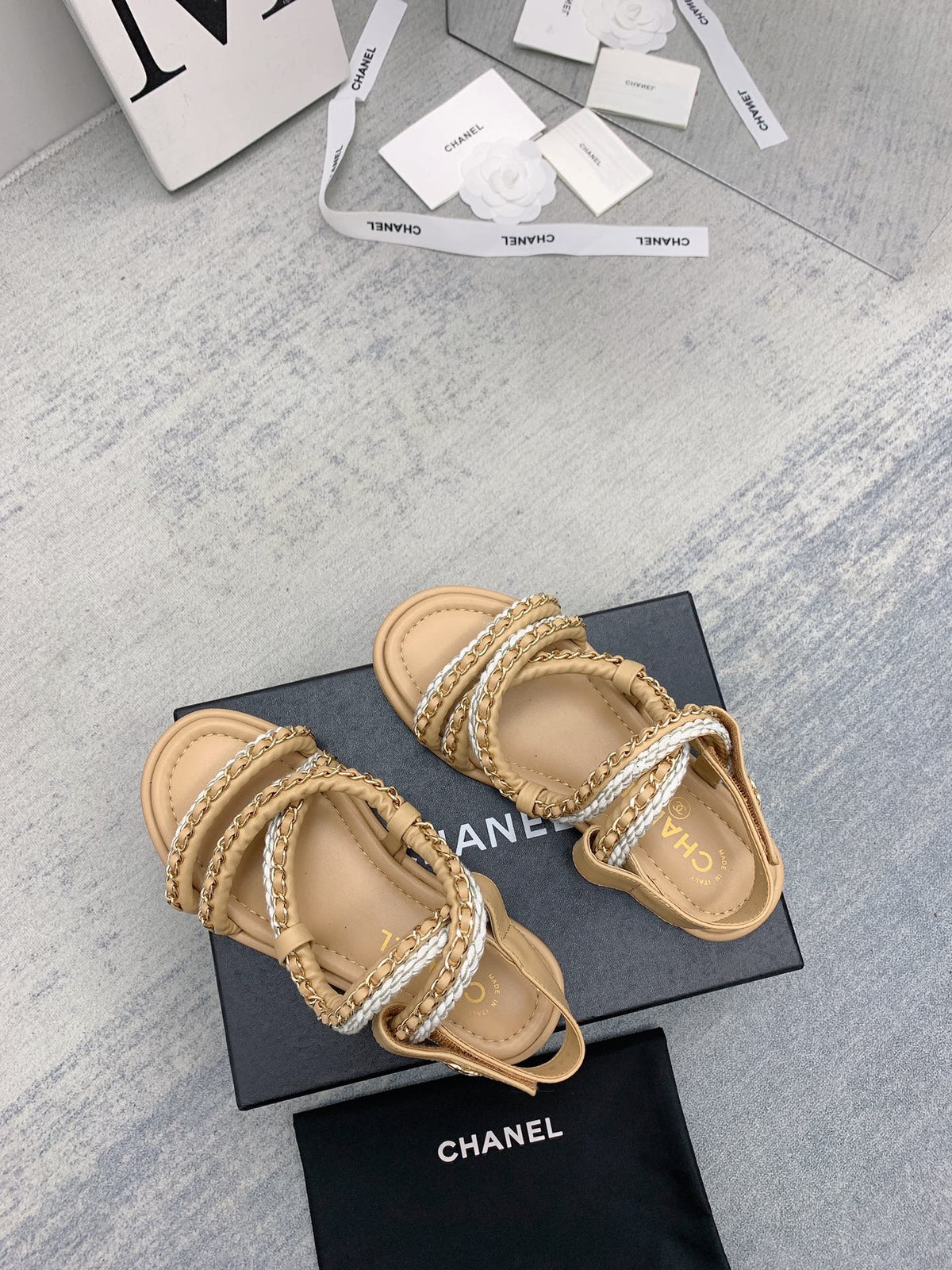 CC 26s Strappy Sandals Beige Gold Interlocking Chain Lambskin 160056