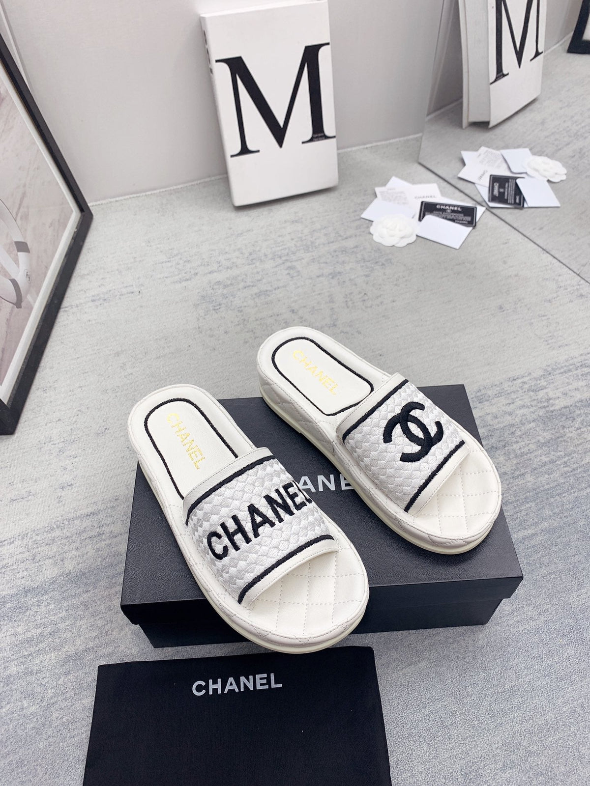 CC 26s Mules White Black Fabric Lambskin 160066