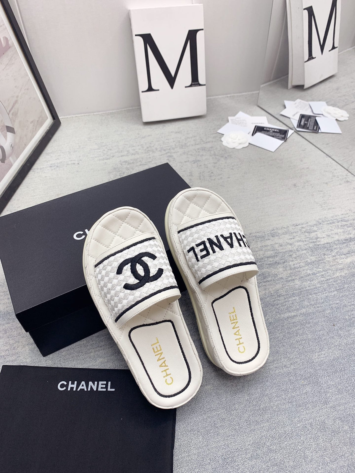 CC 26s Mules White Black Fabric Lambskin 160066
