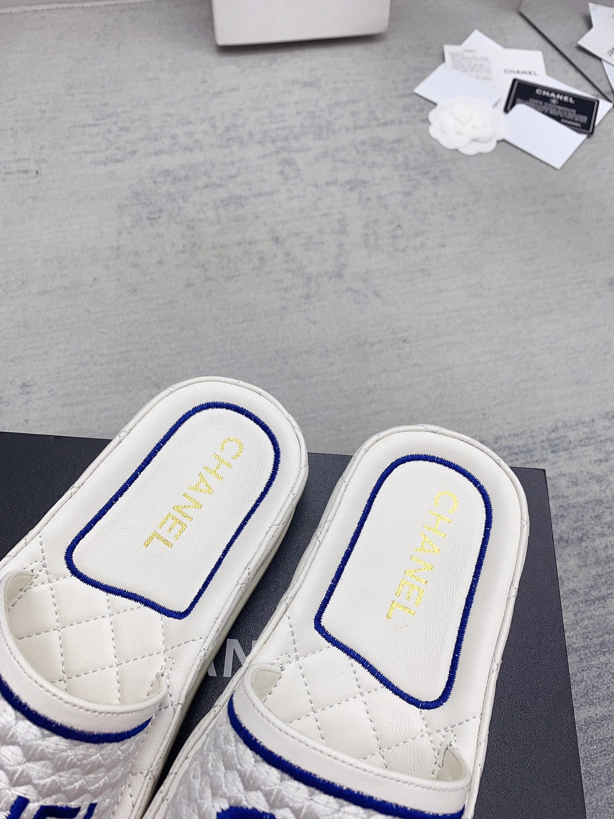 CC 26s Mules White Blue Fabric Lambskin 160067