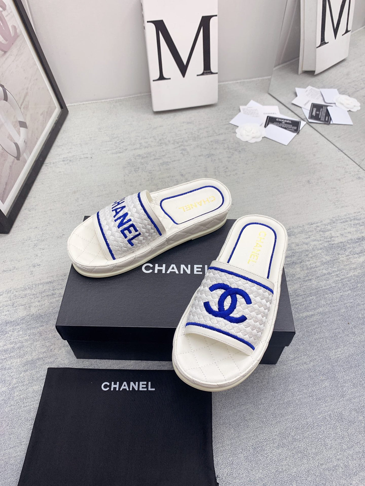 CC 26s Mules White Blue Fabric Lambskin 160067
