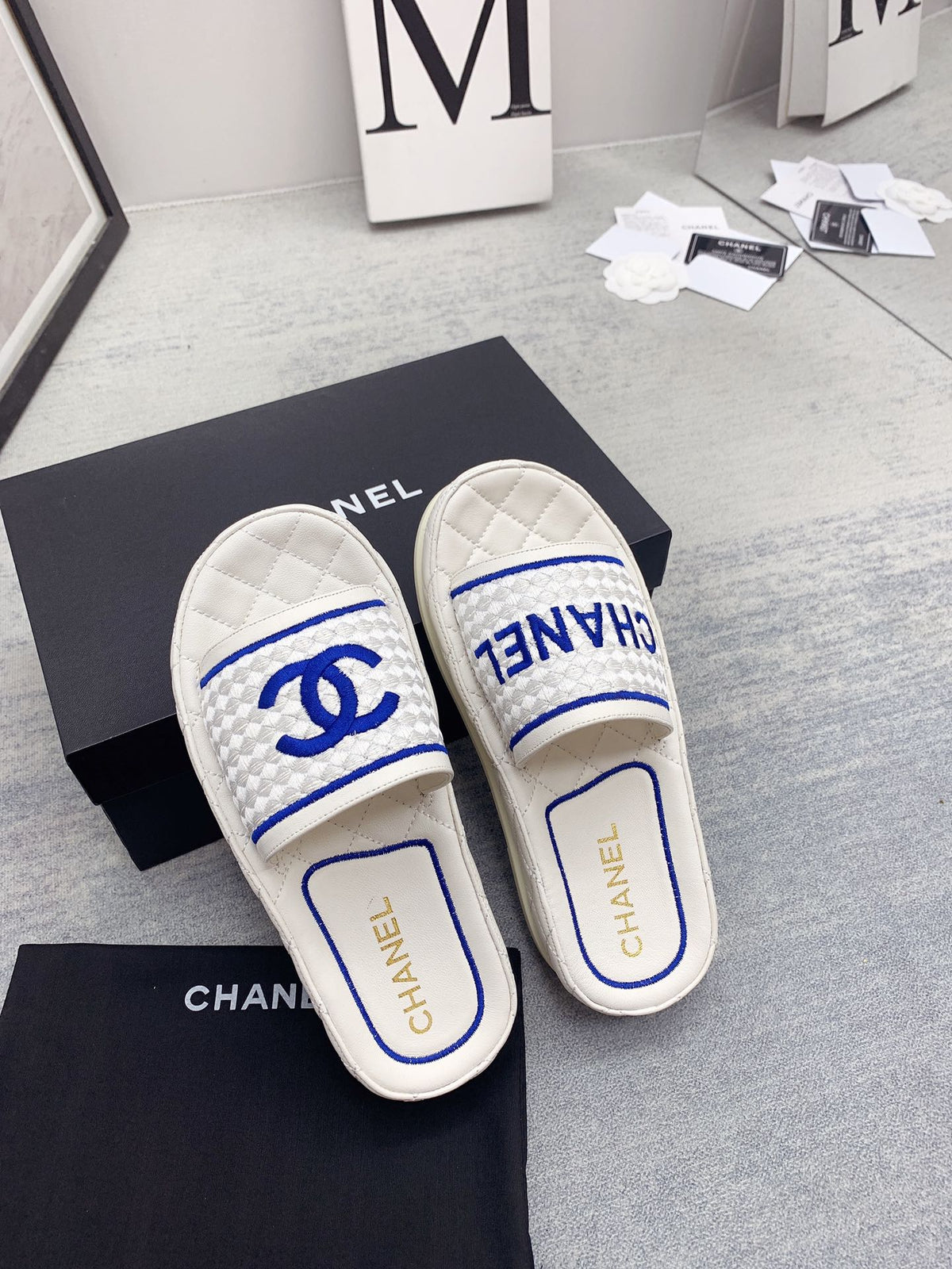 CC 26s Mules White Blue Fabric Lambskin 160067