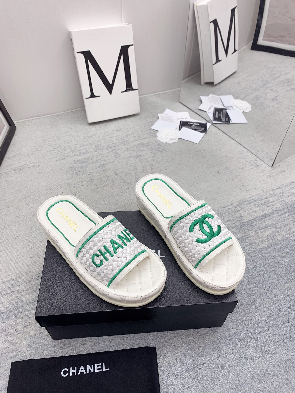 CC 26s Mules White Green Fabric Lambskin 160069