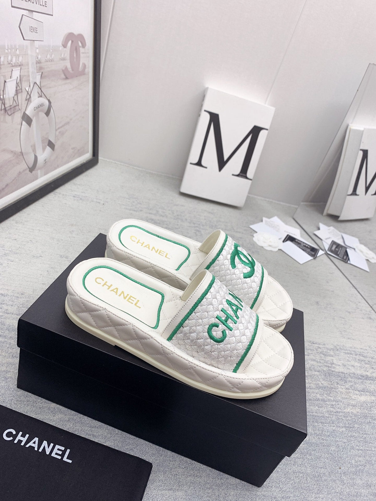 CC 26s Mules White Green Fabric Lambskin 160069