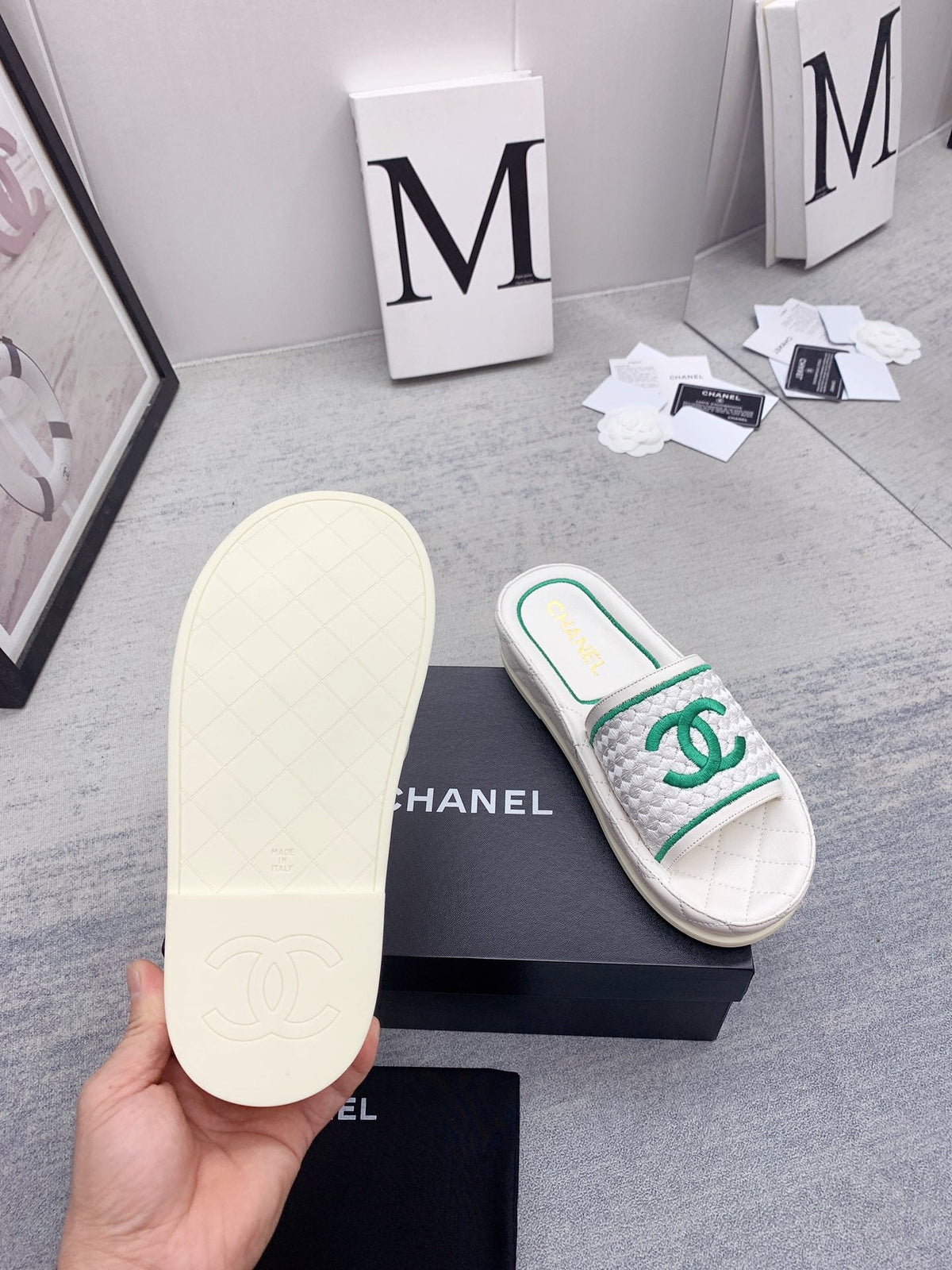 CC 26s Mules White Green Fabric Lambskin 160069