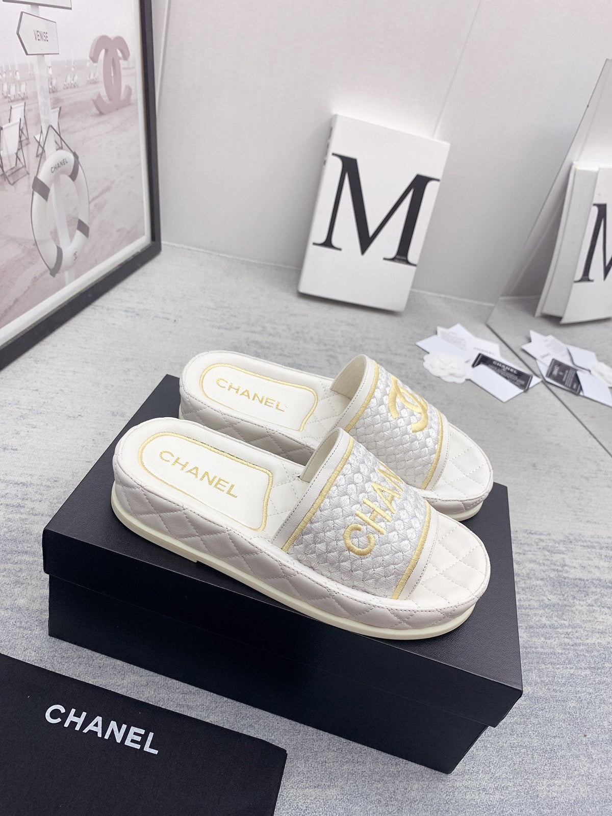 CC 26s Mules White Gold Fabric Lambskin 160068