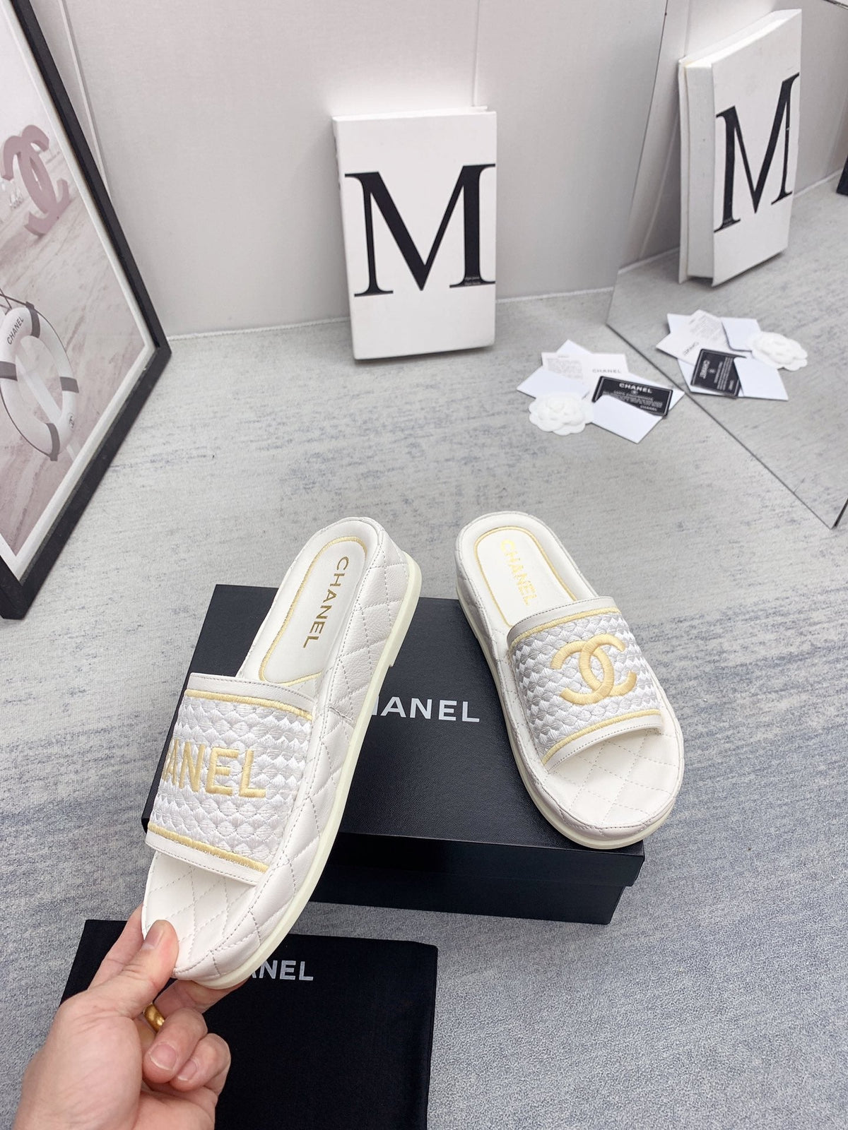 CC 26s Mules White Gold Fabric Lambskin 160068