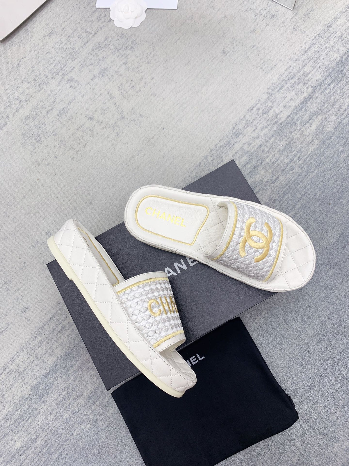 CC 26s Mules White Gold Fabric Lambskin 160068