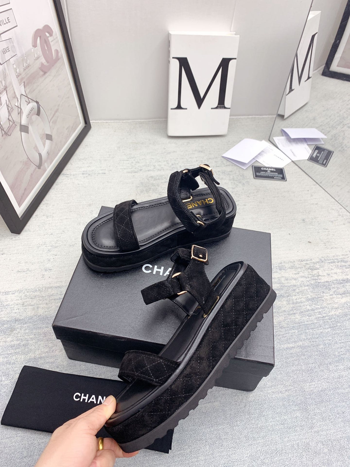 CC 26s Platform Sandals Black Quilted Suede Leather 160084