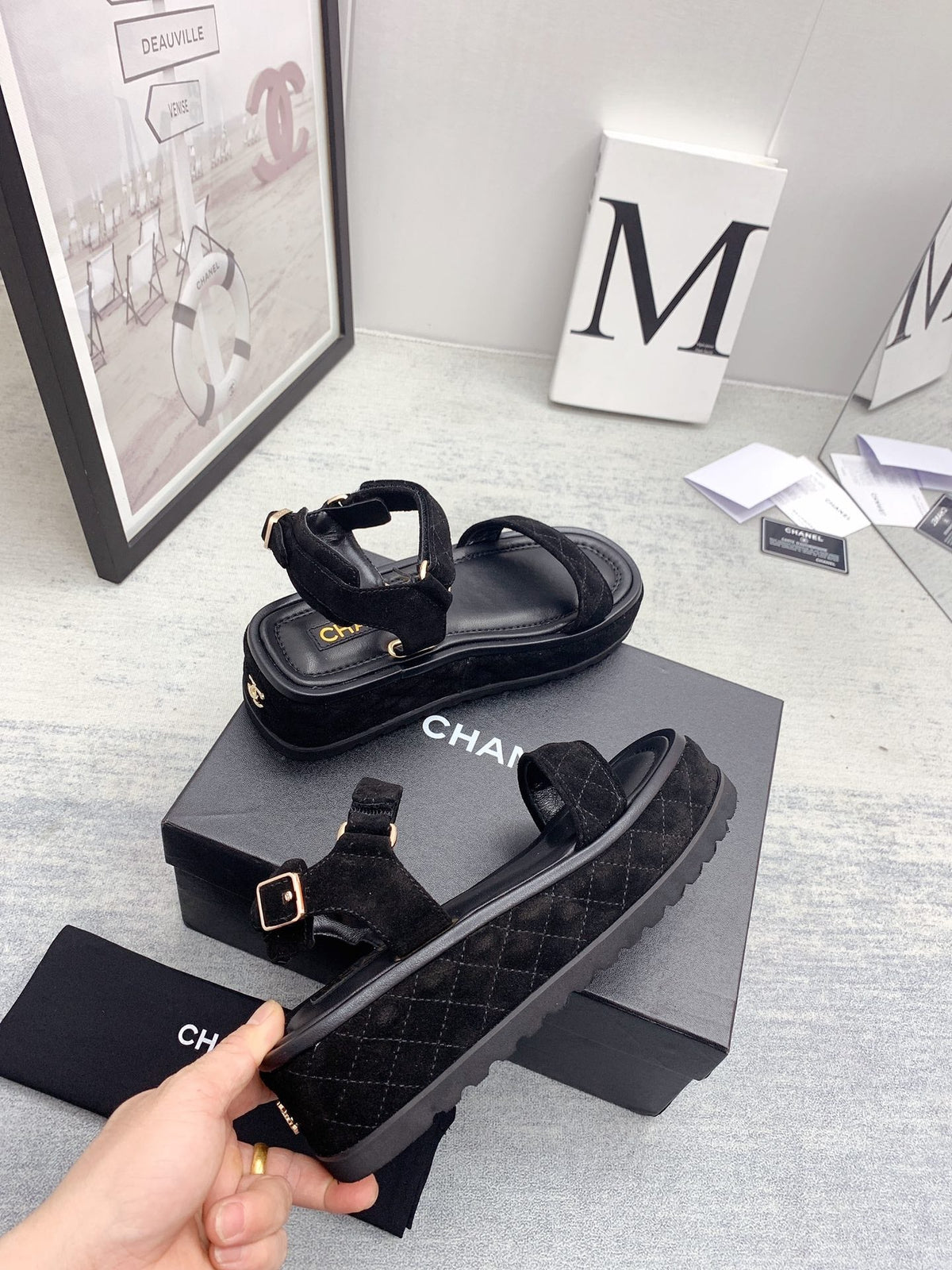 CC 26s Platform Sandals Black Quilted Suede Leather 160084