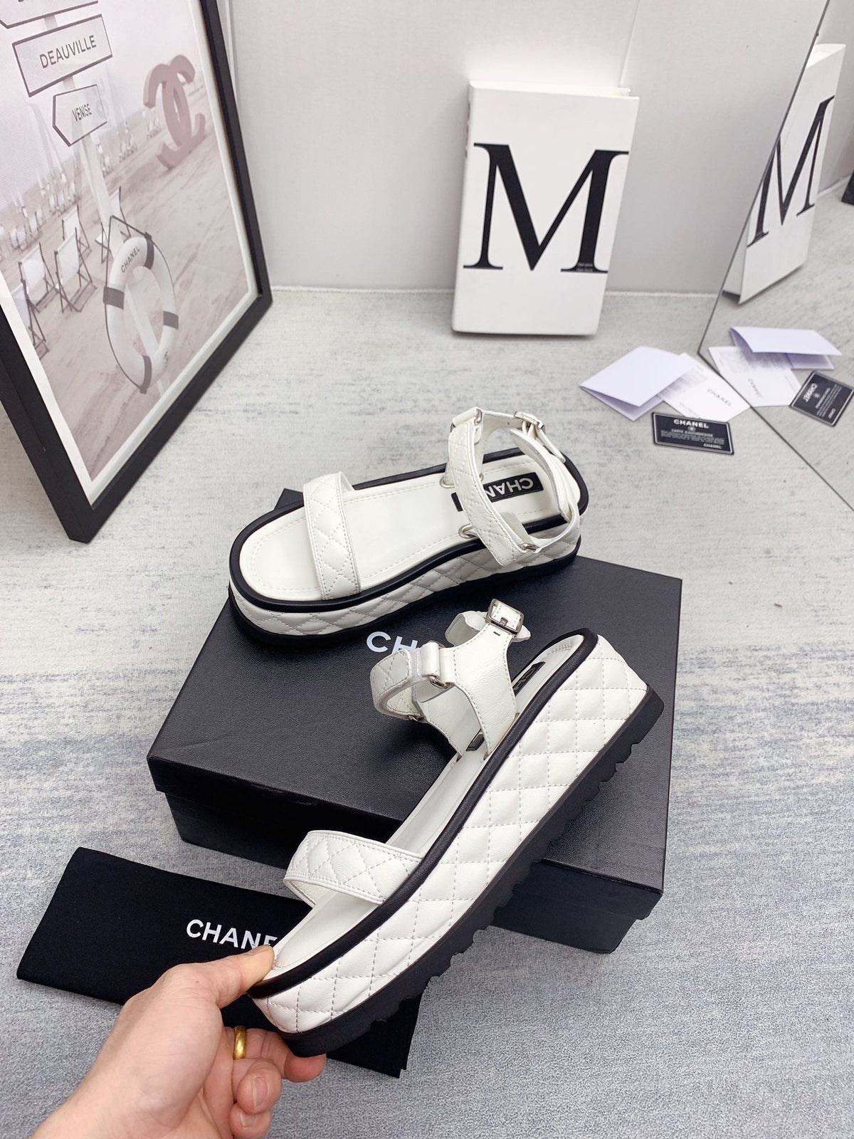 CC 26s Platform Sandals White Black Quilted Lambskin 160085