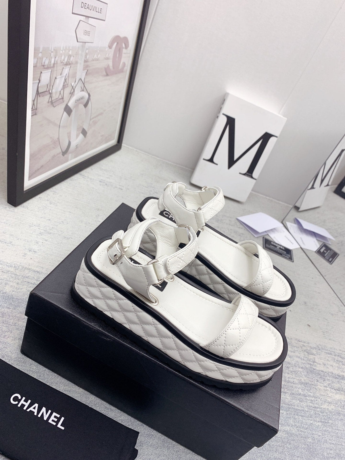 CC 26s Platform Sandals White Black Quilted Lambskin 160085