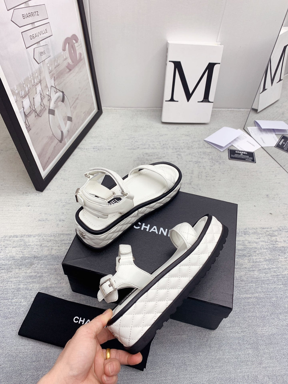 CC 26s Platform Sandals White Black Quilted Lambskin 160085