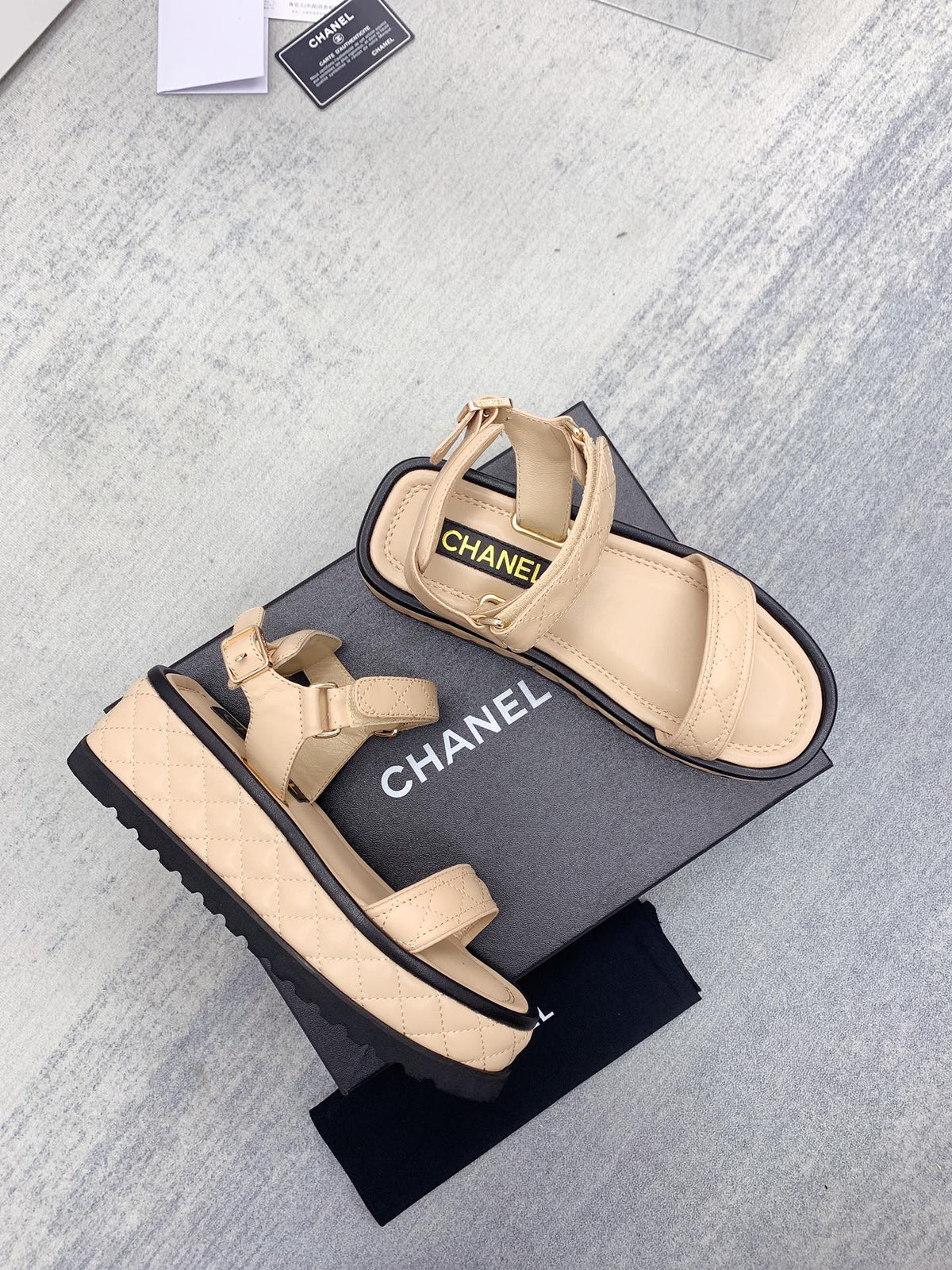 CC 26s Platform Sandals Beige Black Quilted Lambskin 160082