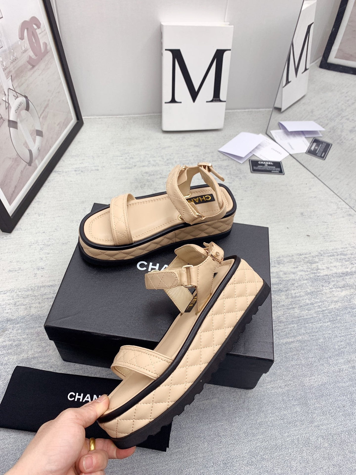 CC 26s Platform Sandals Beige Black Quilted Lambskin 160082