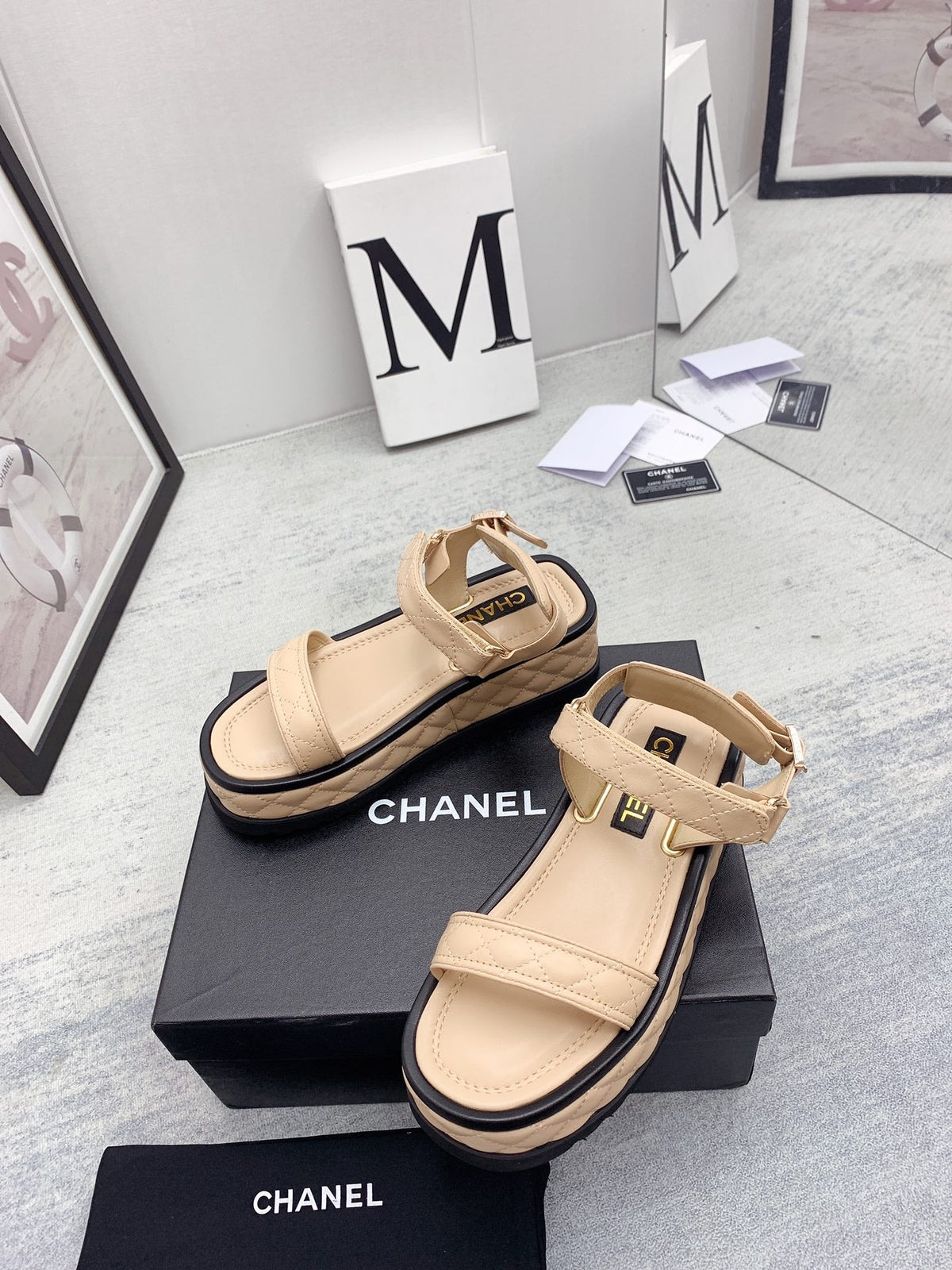 CC 26s Platform Sandals Beige Black Quilted Lambskin 160082