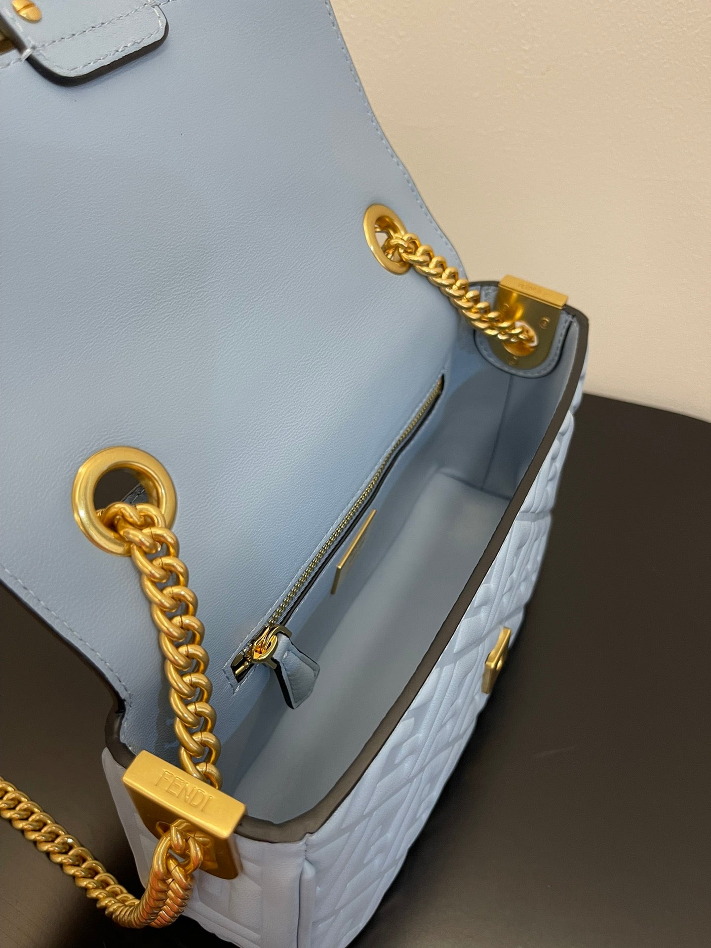 Fend Baguette 24 Bag With FF Motif Baby Blue Leather Ghw