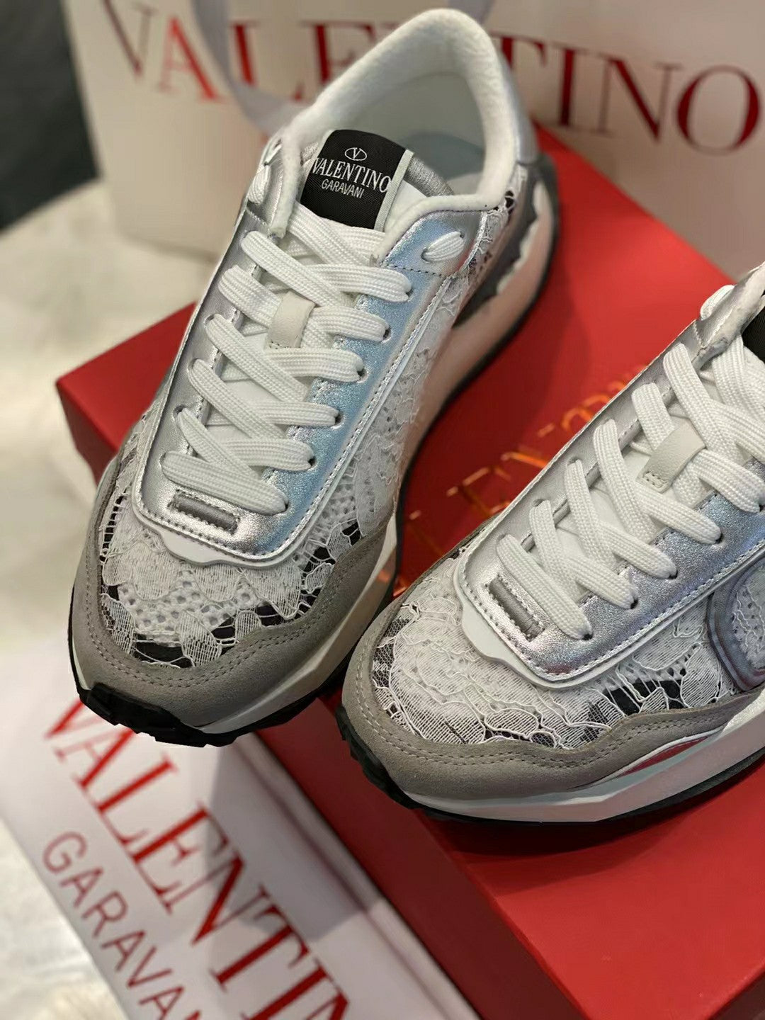 Lace And Mesh Lacerunner Sneaker In White Mix Grey 994620