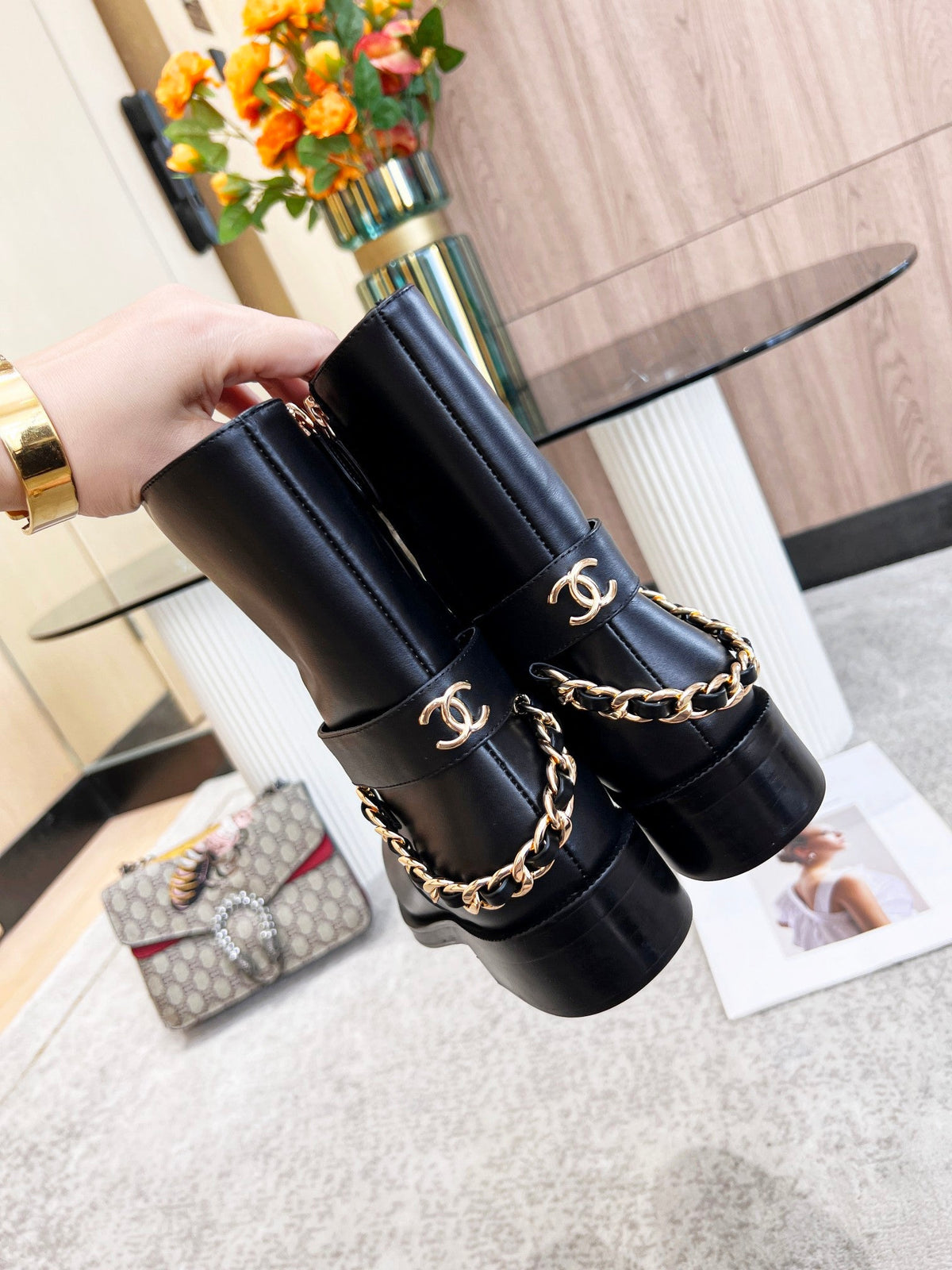 Chanel Calfskin Chain Ankle Boots 3cm Black Leather 168211