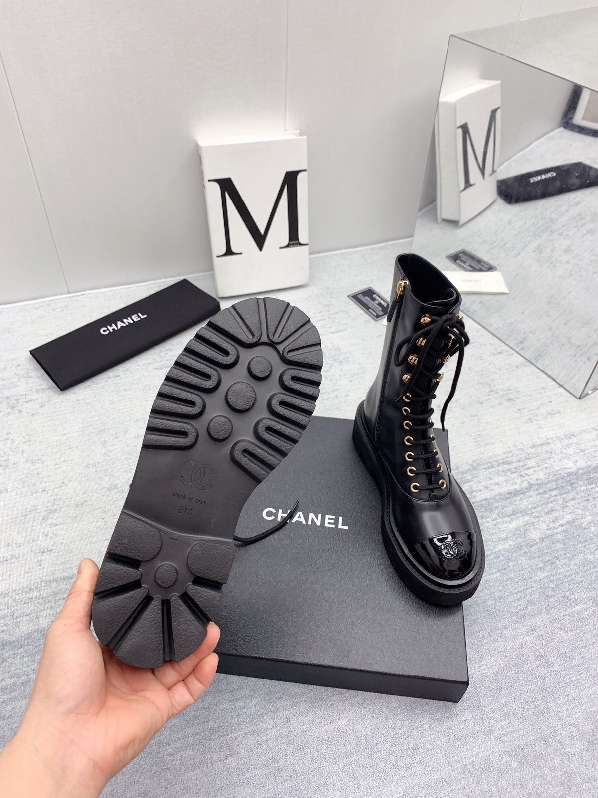 CC 26s Lace Up Combat Boots Black Calfskin Patent Leather 160086
