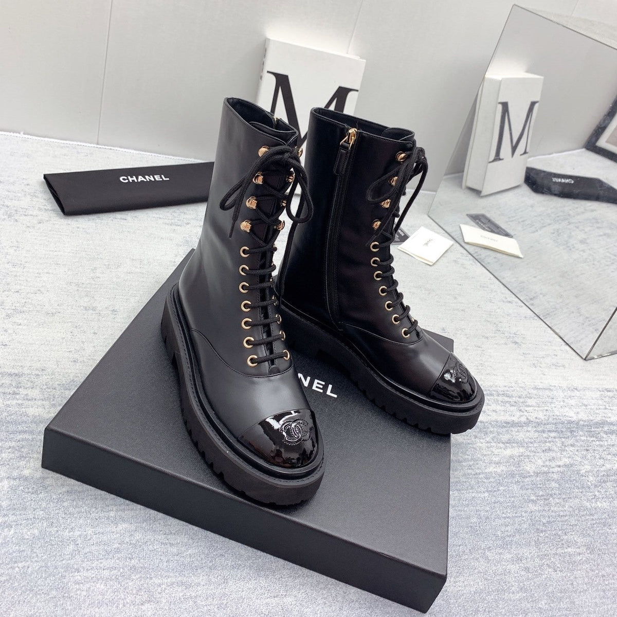 CC 26s Lace Up Combat Boots Black Calfskin Patent Leather 160086