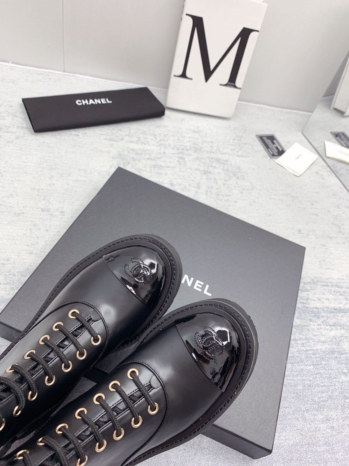 CC 26s Lace Up Combat Boots Black Calfskin Patent Leather 160086