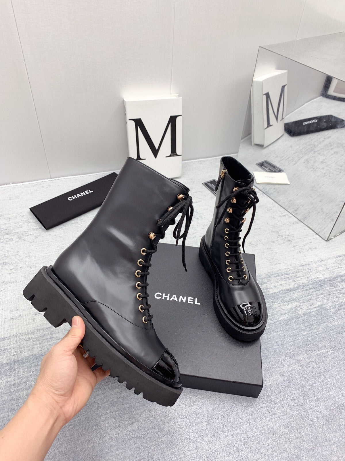 CC 26s Lace Up Combat Boots Black Calfskin Patent Leather 160086