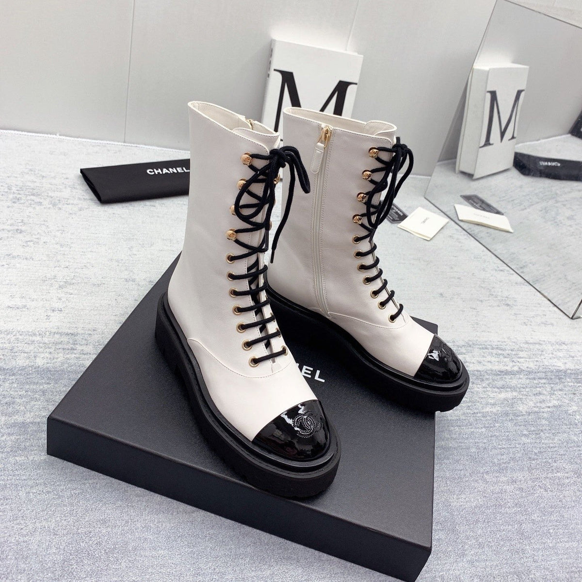 CC 26s Lace Up Combat Boots Ivory Black Calfskin Patent Leather 160087