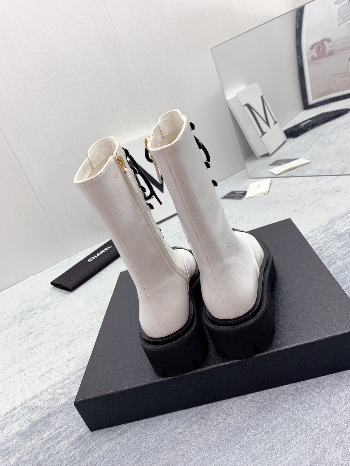 CC 26s Lace Up Combat Boots Ivory Black Calfskin Patent Leather 160087