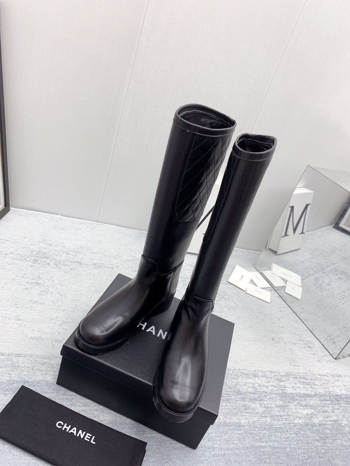 CC 26s Knee High Boots Black Quilted Calfskin 160114