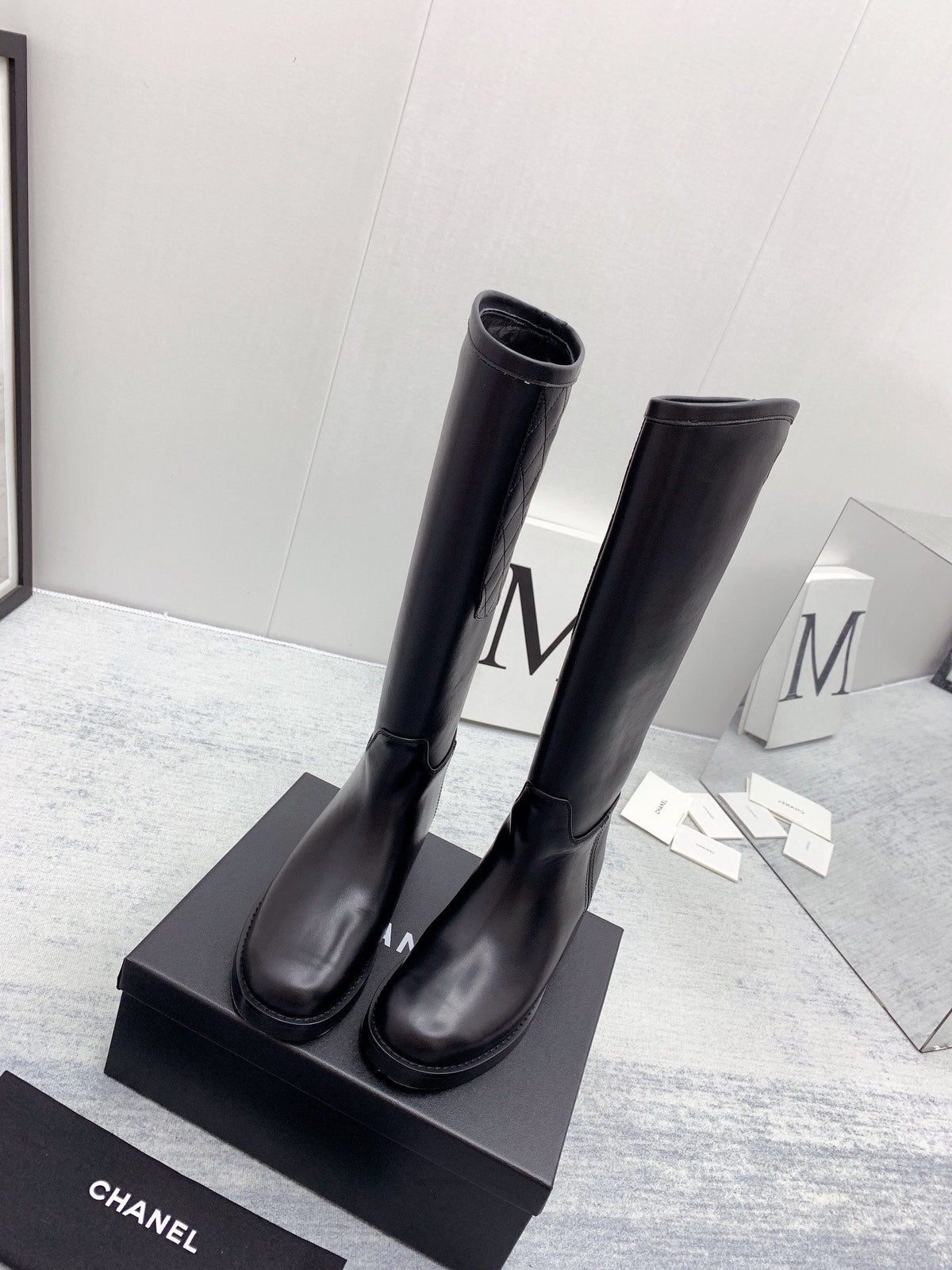 CC 26s Knee High Boots Black Quilted Calfskin 160114