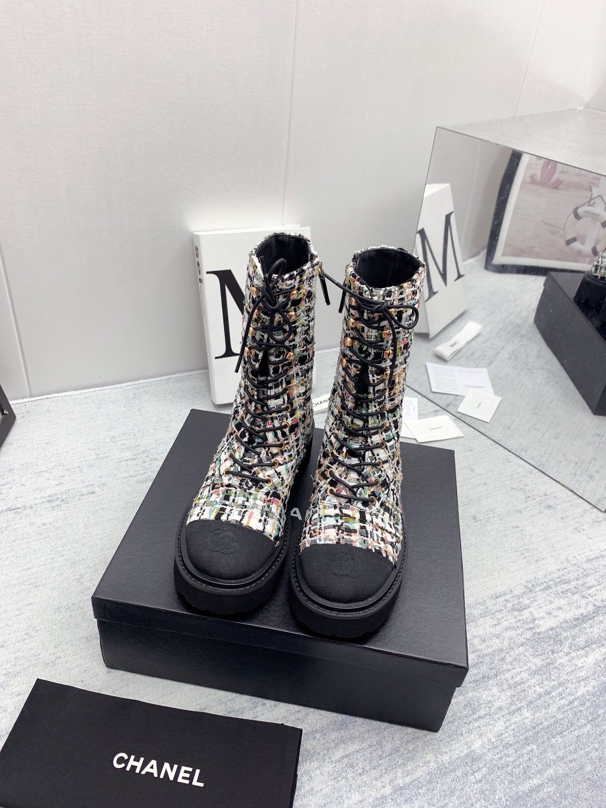 CC 26s Lace Up Combat Boots Multicolor Black Tweed Grosgrain 160116