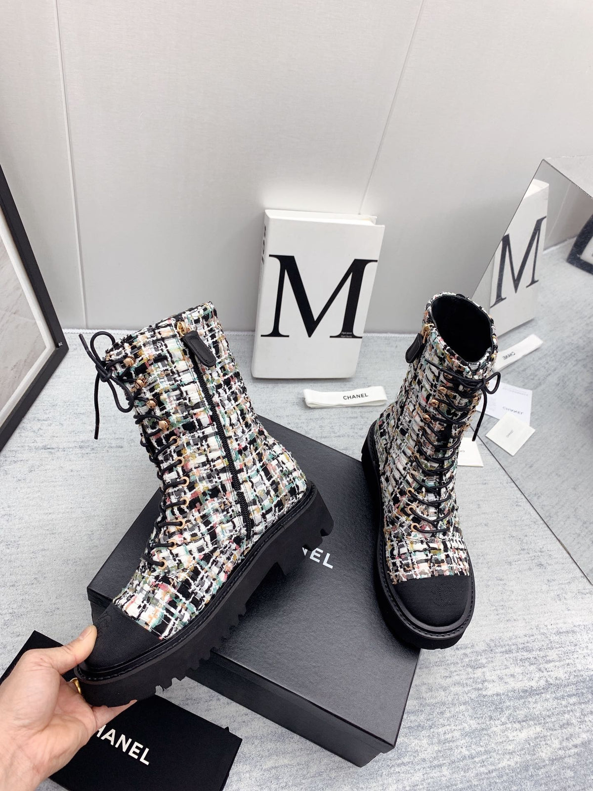 CC 26s Lace Up Combat Boots Multicolor Black Tweed Grosgrain 160116