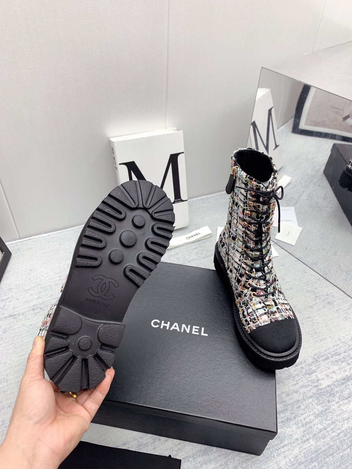 CC 26s Lace Up Combat Boots Multicolor Black Tweed Grosgrain 160116