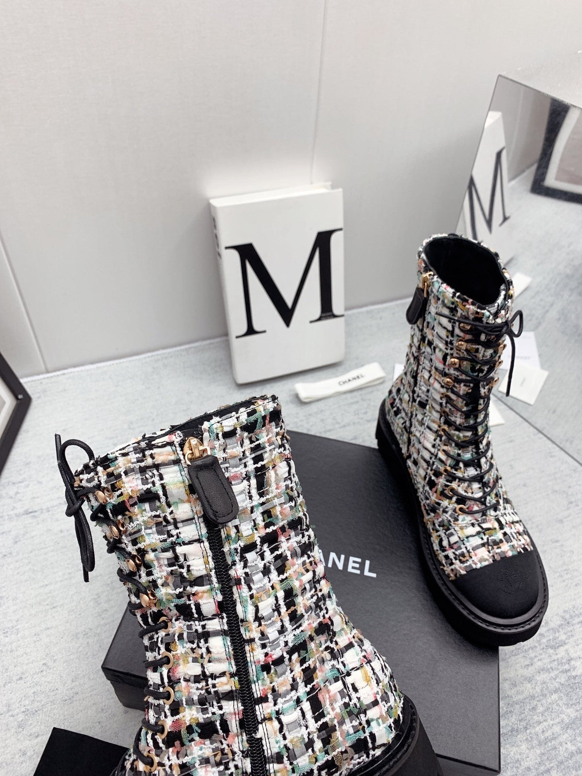 CC 26s Lace Up Combat Boots Multicolor Black Tweed Grosgrain 160116