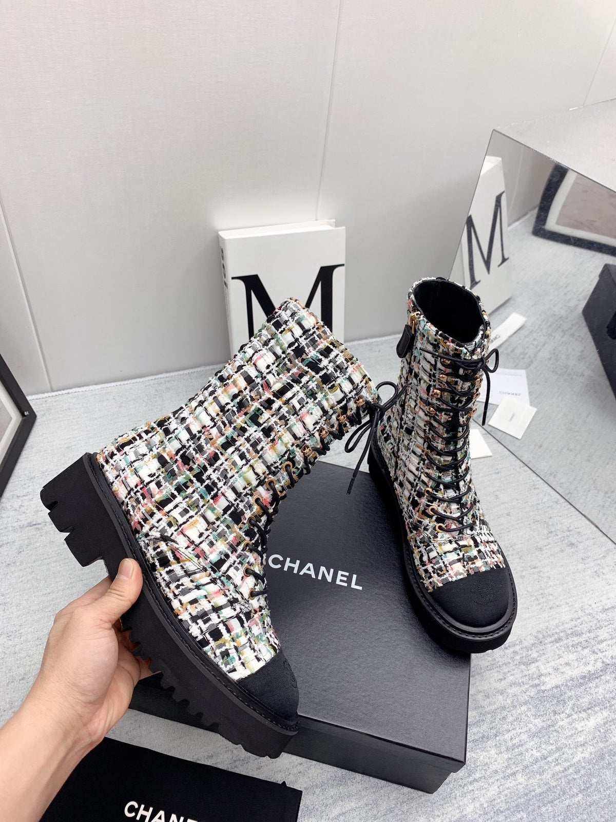 CC 26s Lace Up Combat Boots Multicolor Black Tweed Grosgrain 160116