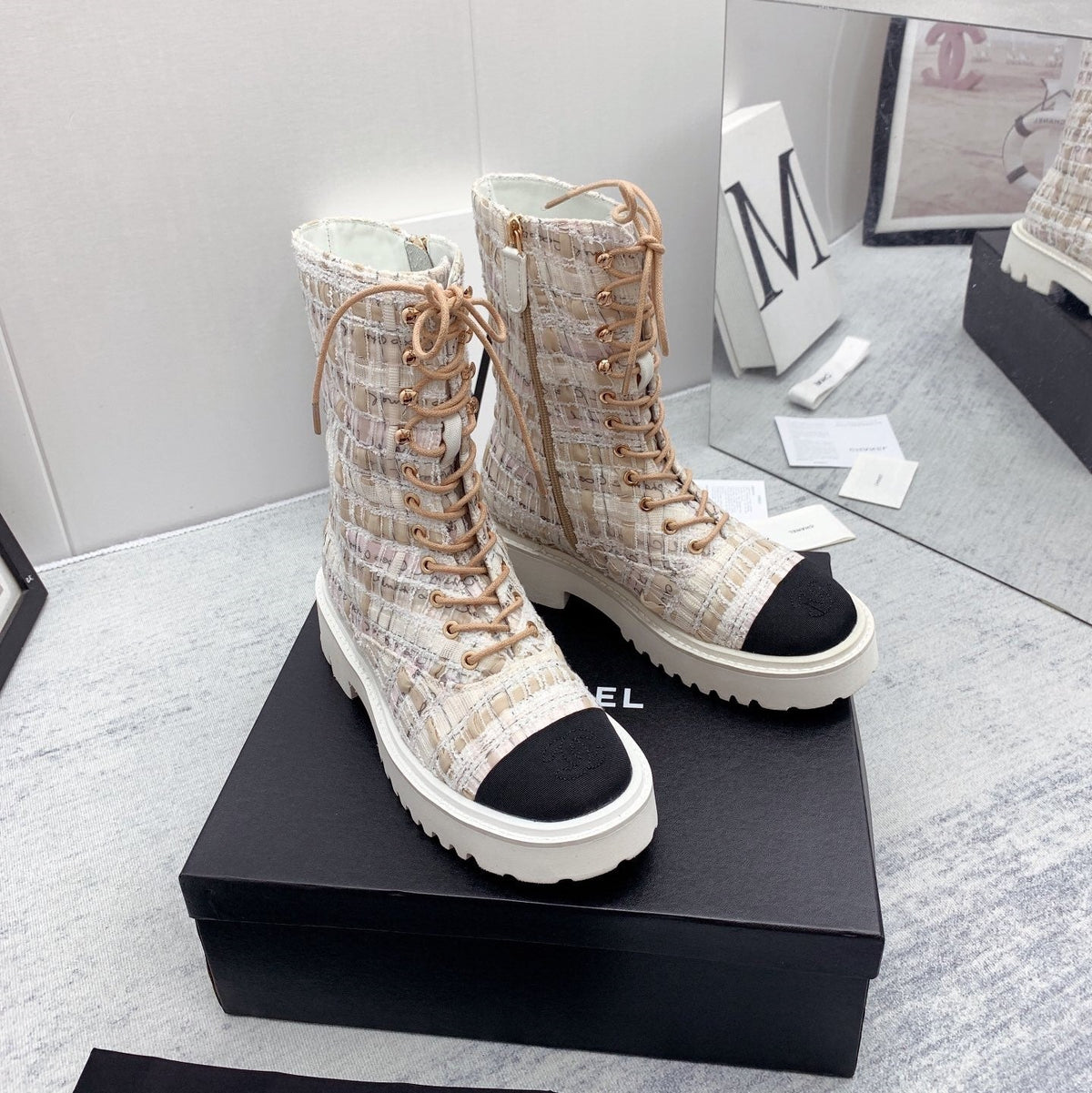 CC 26s Lace Up Combat Boots Beige Black Tweed Grosgrain 160111