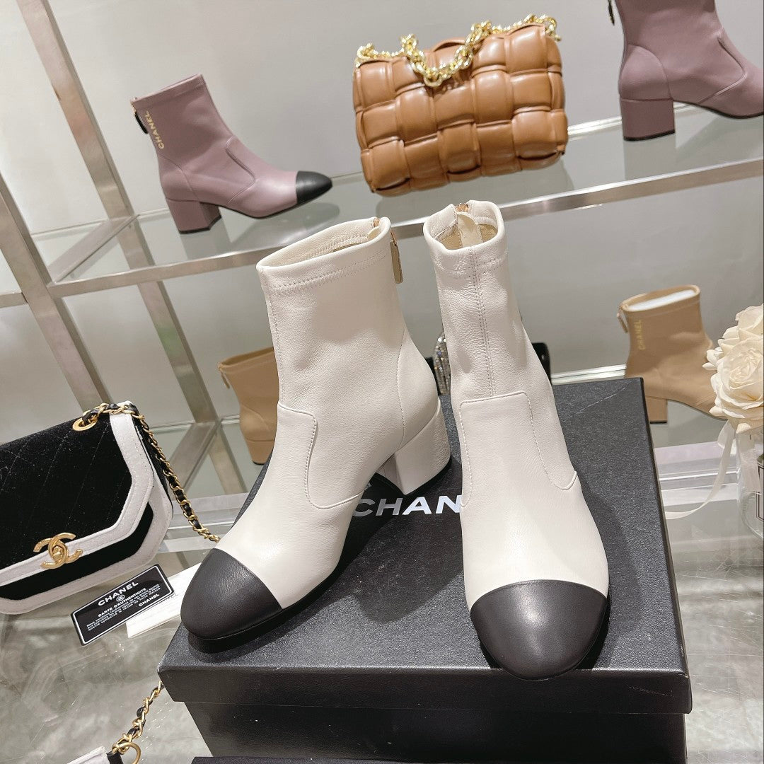 CC 26s Cap-Toe Block-Heel Ankle Boots 5cm White Black Leather 966883