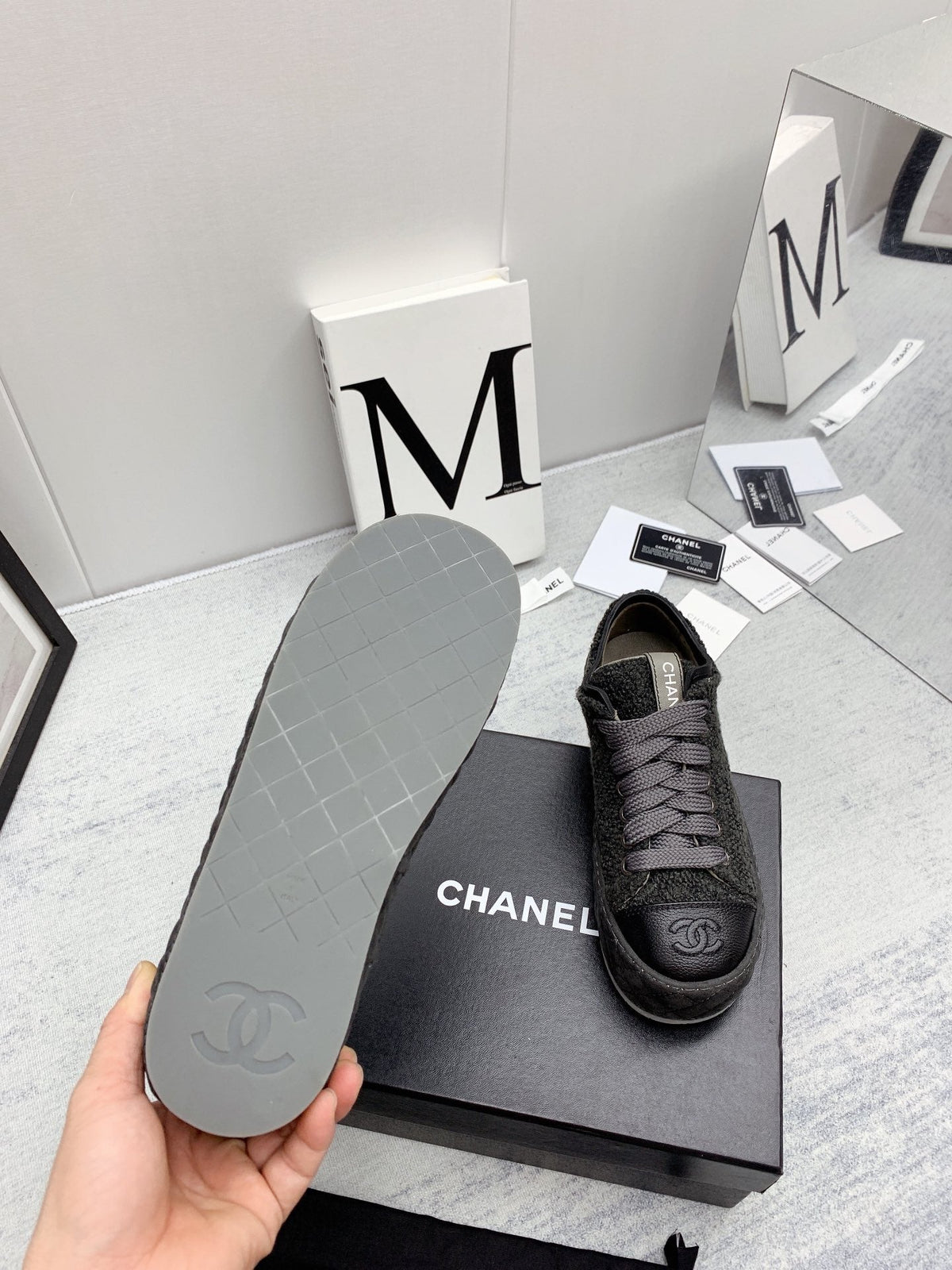 CC 26s Platform Sneakers Grey Black Boucle Calfskin 160122