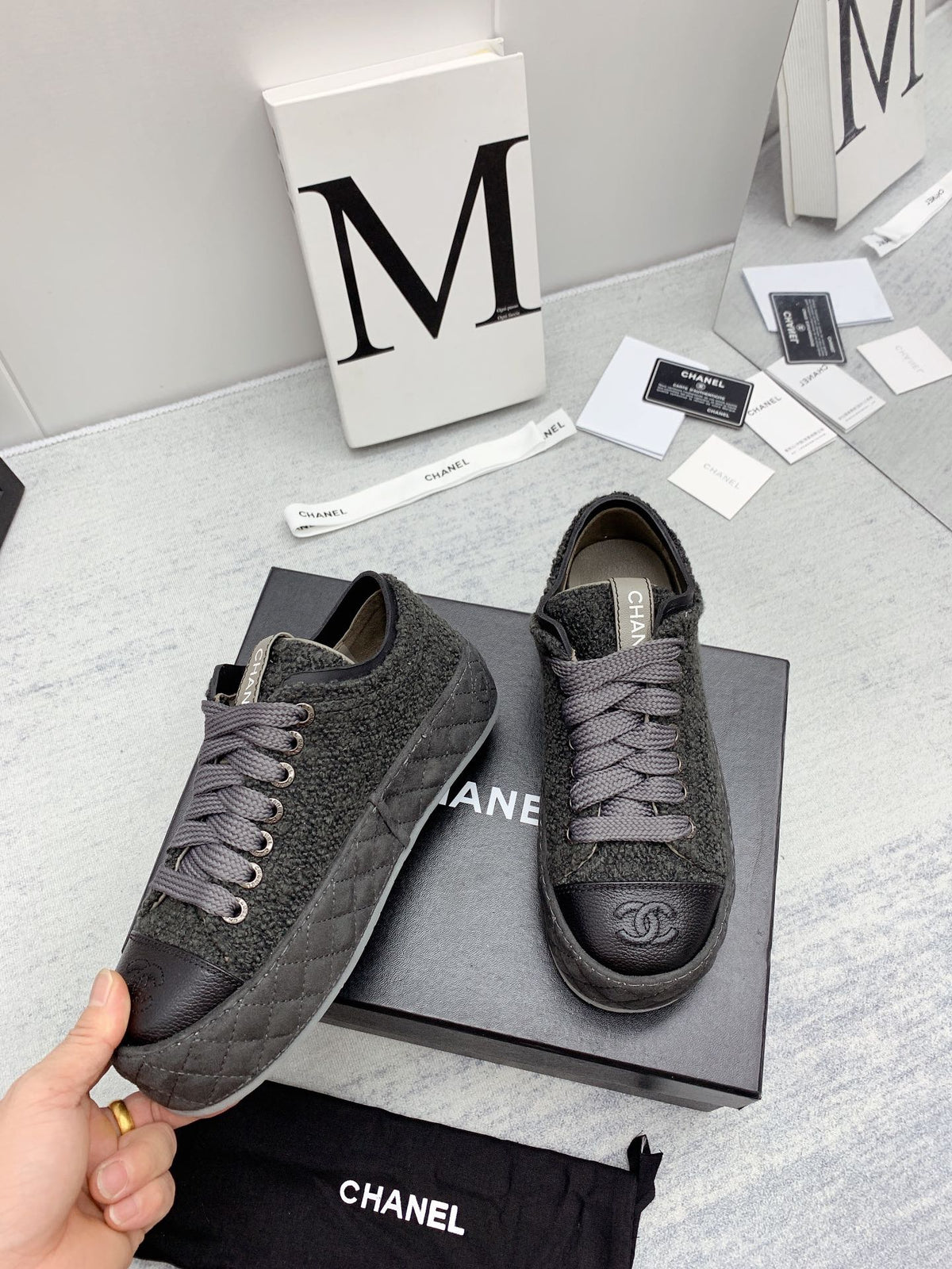 CC 26s Platform Sneakers Grey Black Boucle Calfskin 160122